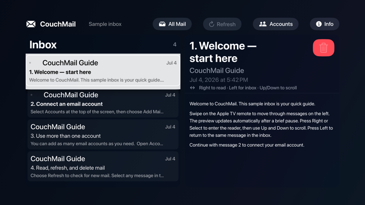 CouchMail inbox on Apple TV